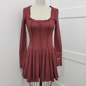 Free People Little Love Thermal Ribbed Godet Crochet  Cuff Mini Burgundy Dress